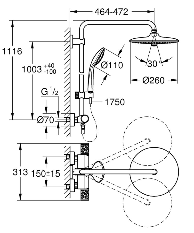 Termostatinė dušo sistema Euphoria 260 (stac. galva Ø260, alkūnė 450 mm, 3`jų srovių rankinis dušas 110), chromas internetu