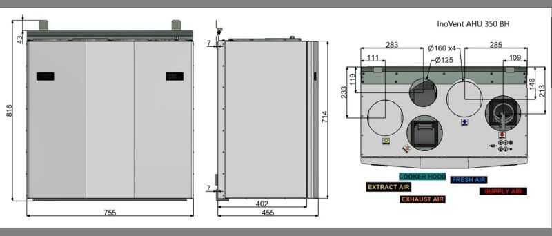 Rekuperatorius ENSY InoVent AHU-350BH vert. deš.p. 400m³/h. Komplekte valdiklis su WI-FI kaina