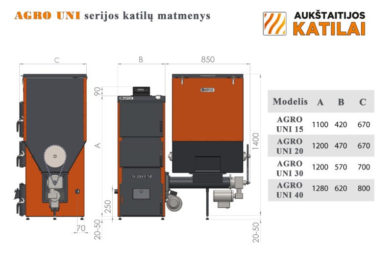 Granulinis katilas Agro UNI 20 kW, komplekte su 20 kW „Zenono” degikliu, 600 l bunkeriu