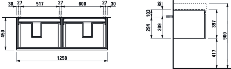 PRO S spintelė 1260x450x390 mm su dviem stalčiais, dviem vidiniais stalčiukais praustuvui 8.1396.8, balta blizgi internetu