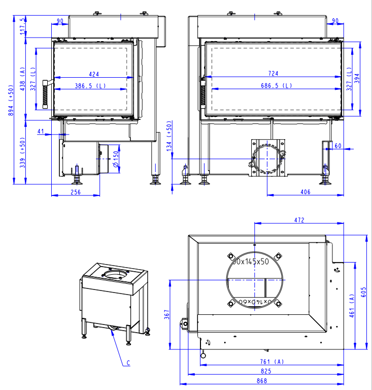 Plieninis židinio ugniakuras Romotop Dynamic DR3SH21 72.44.42, kampe sudurtu dešinės pusės stiklu internetu