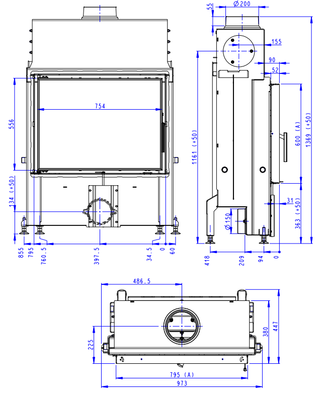 Plieninis židinio ugniakuras Romotop IMPRESSION 2G 80.60.01 atveriamomis durimis internetu