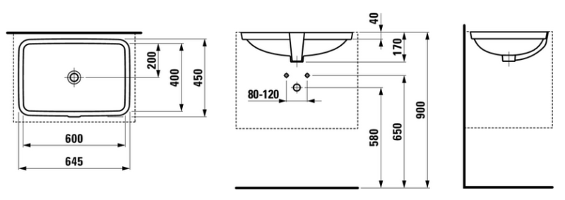 Praustuvas Laufen PRO S, 60 x 40 x 17 cm su LCC, iš apačios įmontuojamas, baltas internetu