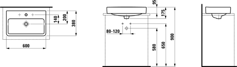 Praustuvas PRO S 600×380 mm, su 1 anga maišytuvui viduryje, nušlifuota apačia, baltas kaina