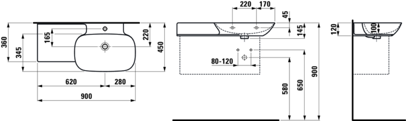 Praustuvas INO 900×450 mm su lentyna kairėje, 1 skyle maišyt., Saphir Keramik,baltas internetu