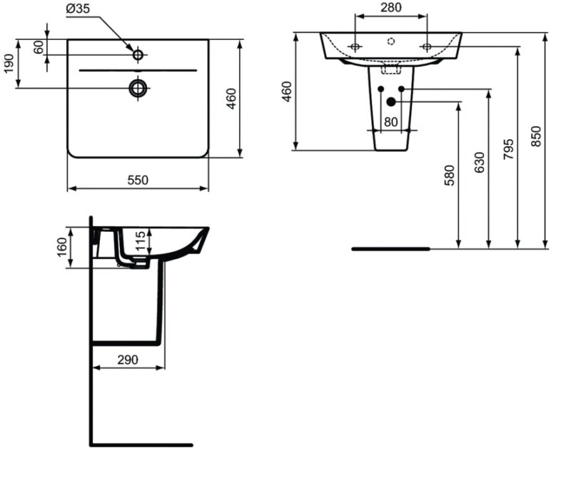 Ideal Standard praustuvas Connect air Cube, tvirtinamas prie sienos, 55 x 46 x 16 cm, baltas internetu