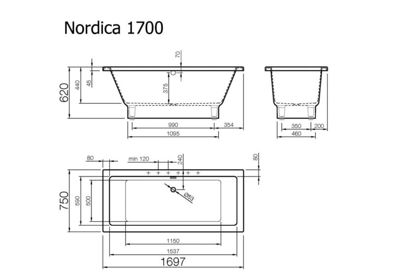 Akmens masės vonia Vispool Nordica, 170×750 cm, balta internetu