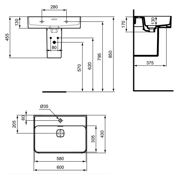 Ideal Standard STRADA II praustuvas 60 cm (60 x 43 x 17 cm), tvirtinamas prie sienos, baltas kaina