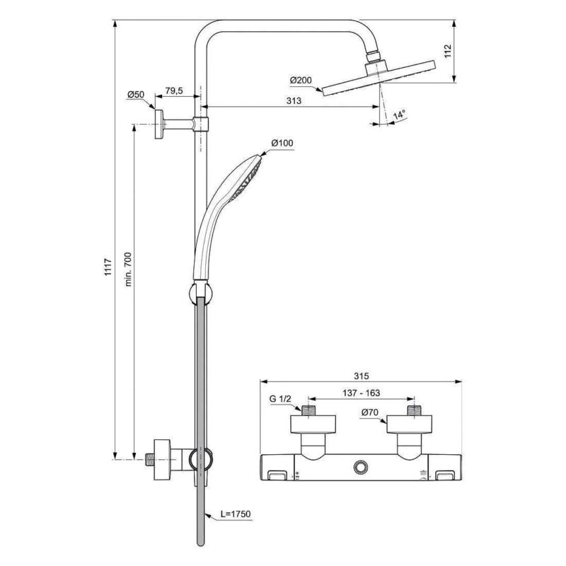 Ideal Standard termostatinė dušo sistema CTHERM 25, apvali 200 mm galva, 100mm rankinis dušas, juoda matinė kaina