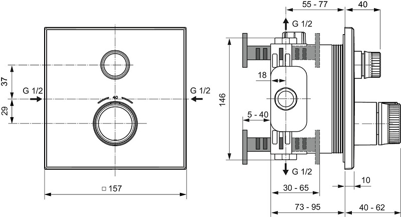 Ideal Standard Ceratherm Navigo potinkinė termostatinė sistema: 300×300 mm metalinė galva, rankinis dušas, 1/2 alkūnė internetu