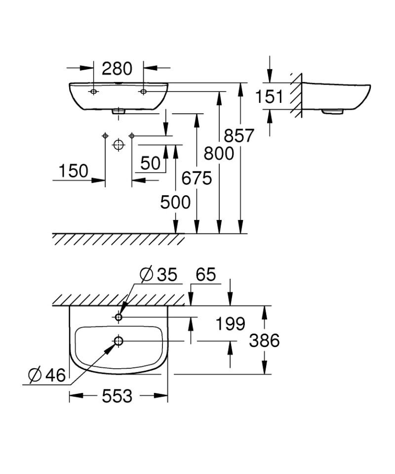 GROHE Bau Ceramic praustuvas, pakabinamas 55 cm, su anga maišytuvui internetu