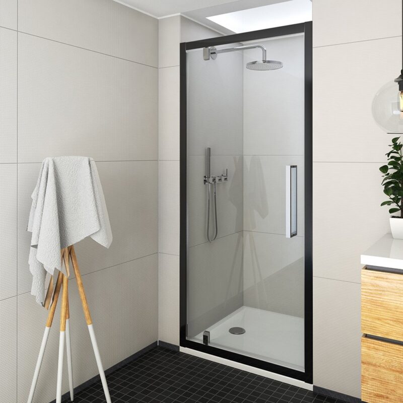 Atveriamos dušo durys ECDO1N/1000, 975-1015×2050 mm, profilis juodas, stiklas transparent