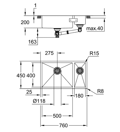 Grohe nerūdijančio plieno plautuvė K700 U 80-S 760×450 mm, nerūdijantis plienas internetu