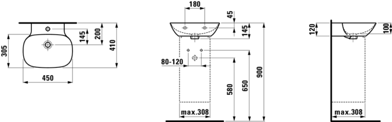 Mažas praustuvas INO 450×410 mm, 1 skyle maišyt., Saphir Keramik, baltas internetu
