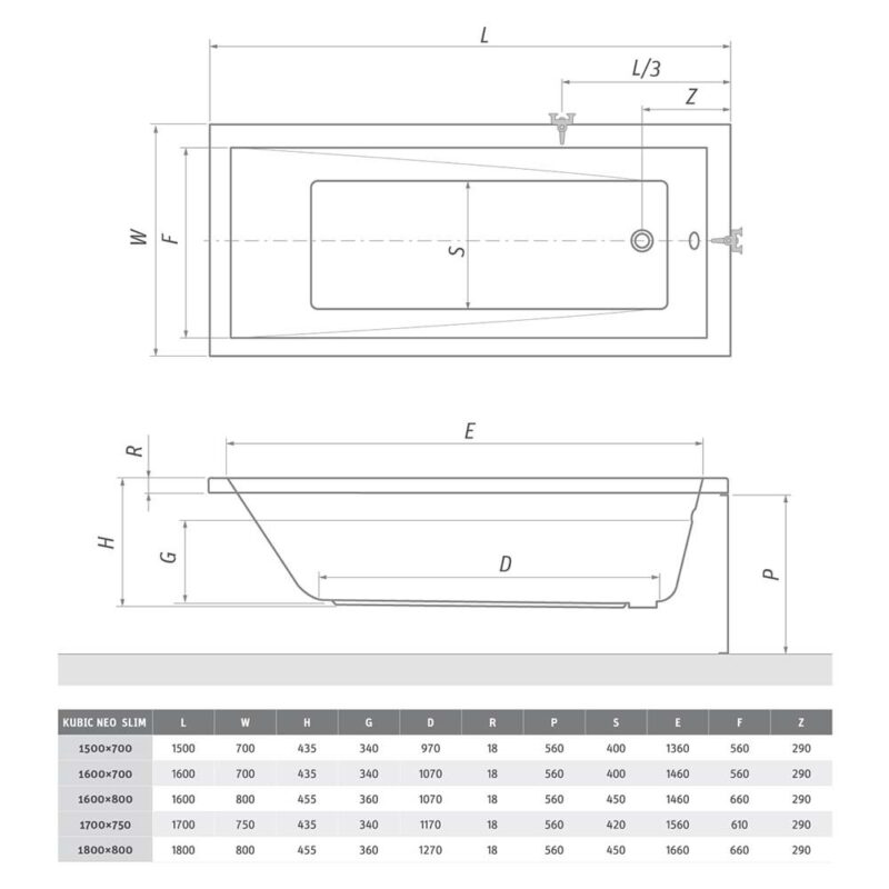 Akrilinė vonia Roth Kubic Neo Slim 170×75 cm, balta internetu