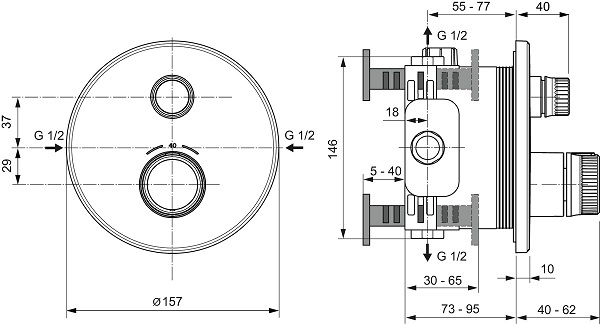 Ideal Standard Ceratherm Navigo potinkinė termostatinė sistema: apvali 300 mm metalinė galva, rankinis dušas, 1/2 alkūnė internetu