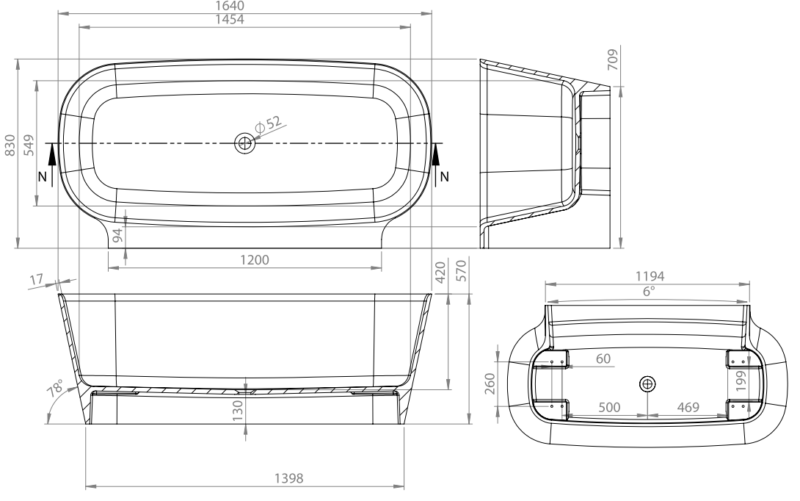 Akmens masės vonia Vayer Nova 2 164×83 cm, statoma prie sienos, balta internetu