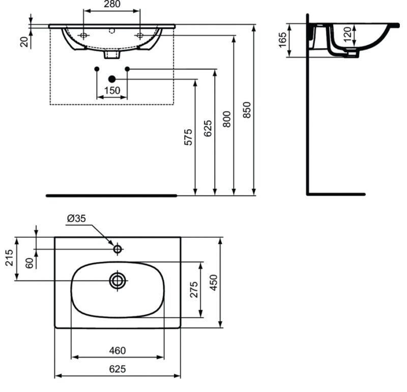 Ideal Standard Tesi praustuvas montuojamas ant spintelės 63 cm (625 x 450 x 165), matinė juoda internetu