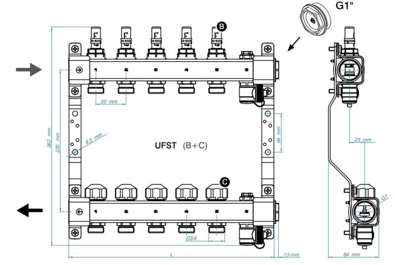 Grindinio šildymo kolekt. su debit., pav.vožtuvais, nuor. ir dren. vent. KAN-therm InoxFlow UFST-9; žiedų sk. 9; ilgis 5 internetu