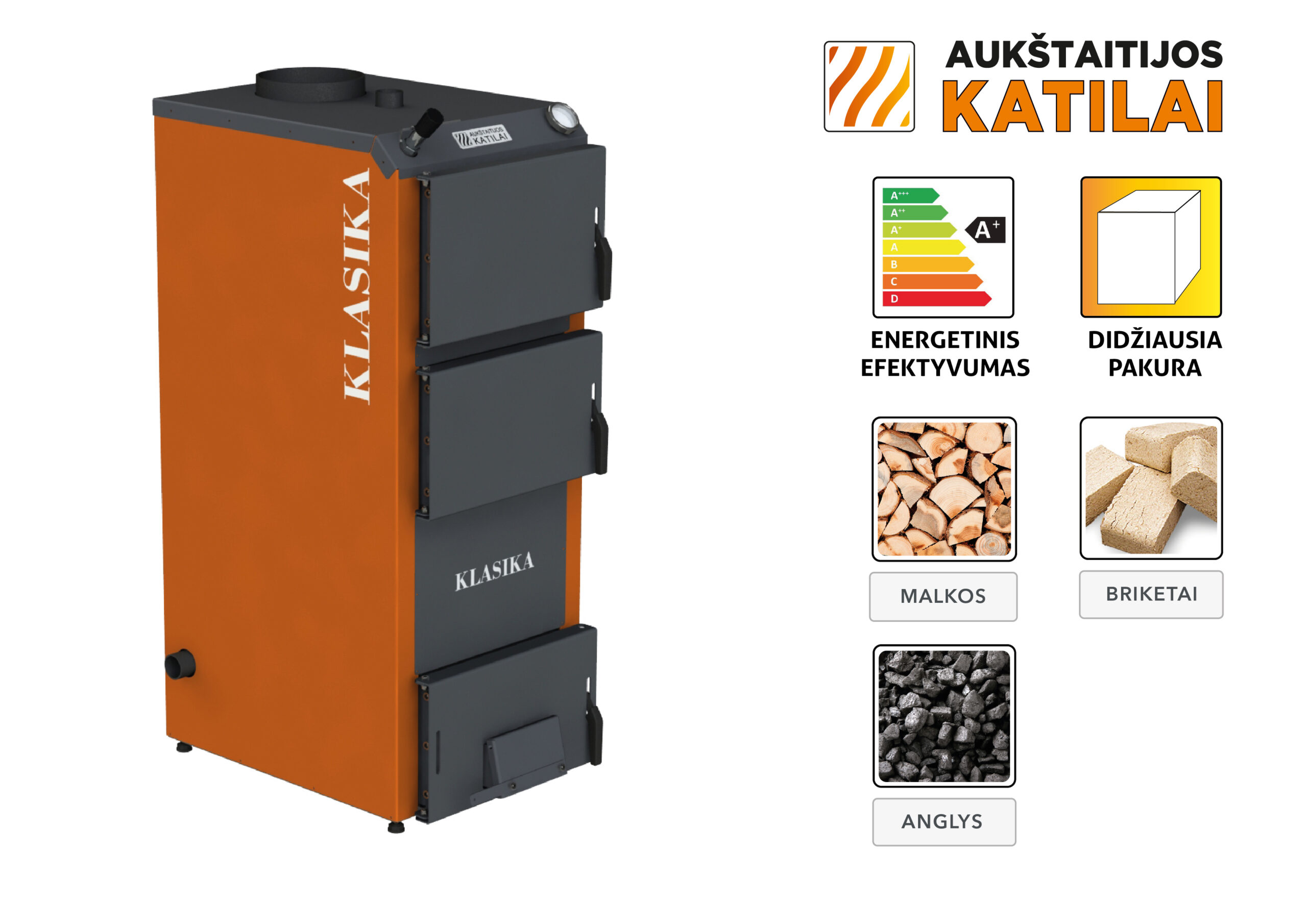 Kieto kuro katilas KLASIKA, viršutinio degimo, 10kW