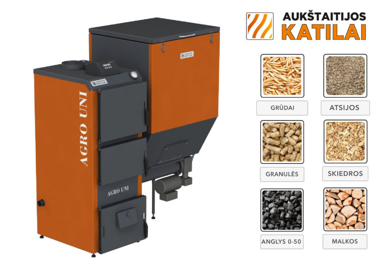 Granulinis katilas Agro UNI 30 kW, komplekte su 30 kW „Zenono” degikliu, 600 l bunkeriu
