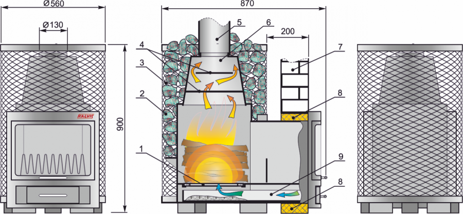 Pirties krosnelė Kalvis PR5-1 12 kw garinei, saunai, išgaubta stiklo keramika