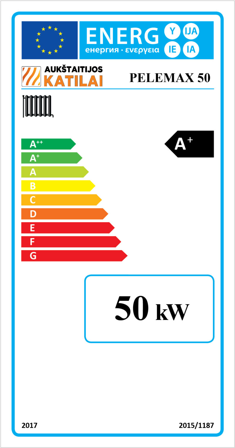 Granulinis katilas Pelemax 50 kW, komplekte su rotaciniu 36 kW degikliu, 700 l bunkeriu