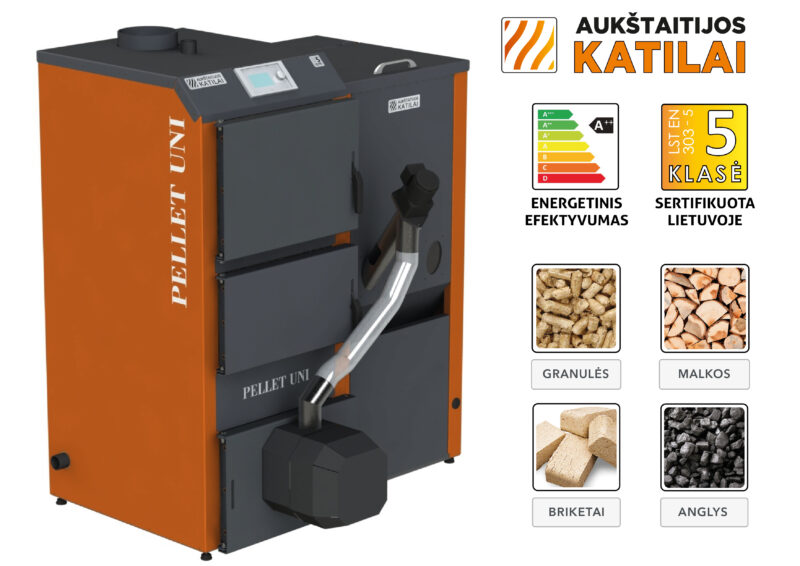 Granulinis katilas PELLET UNI 20 kW su rotac. 20 kW degikliu, sraigtu, 260 l met. bunkeriu
