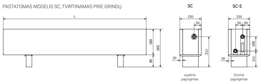 Pastatomas konvektorius SC 280x15x18 (aukštis 26 cm su kojele)