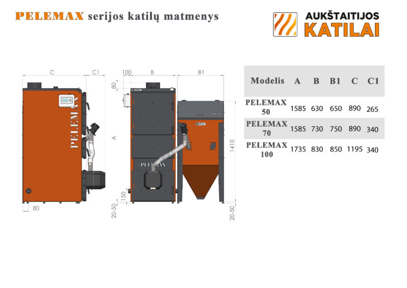 Granulinis katilas Pelemax 50 kW, komplekte su rotaciniu 36 kW degikliu, 700 l bunkeriu