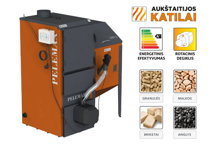 Granulinis katilas Pelemax 50 kW, komplekte su rotaciniu 36 kW degikliu, 1000 l bunkeriu