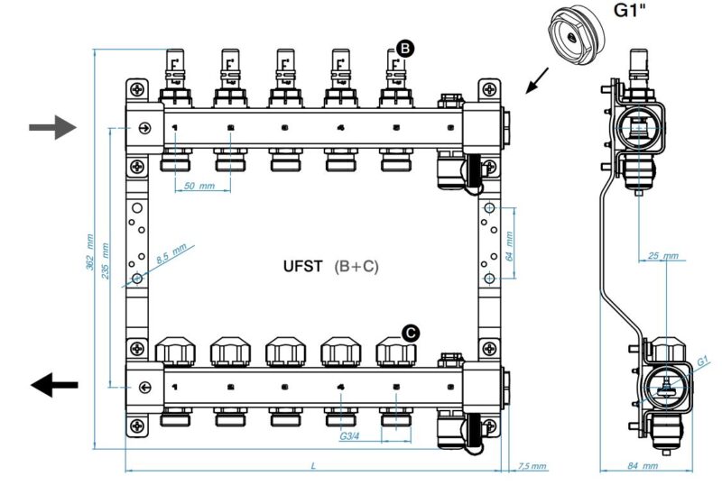 Grindinio šildymo kolekt. su debit., pav.vožtuvais, nuor. ir dren. vent. KAN-therm InoxFlow UFST-3; žiedų sk. 3; ilgis 2