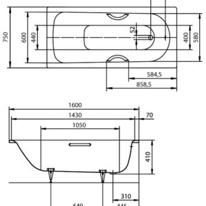 Plieninė vonia Kaldewei Saniform Plus 372-1,160x75 cm su EasyClean ir full antislip dangomis, balta
