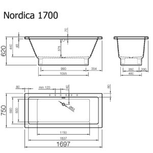 Akmens masės vonia Vispool Nordica 1690x750 mm su paslėptomis kojomis, balta