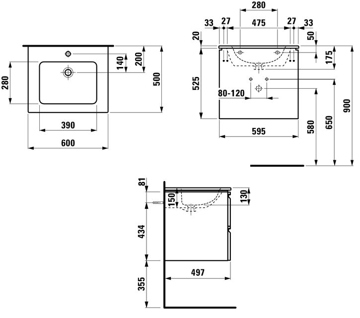 Praustuvos spintelė PRO S 600x500x440 mm su praustuvu ir dviem stalčiais, matinė balta
