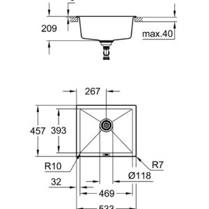 Grohe akmens masės plautuvė montuojama stalviršio apačioje K700U, 533 x 457 mm, granito juoda spalva