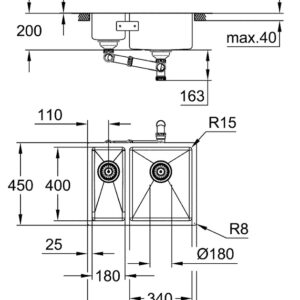 Grohe nerūdijančio plieno plautuvė K700U, dubuo 34x40 cm, dešinėje