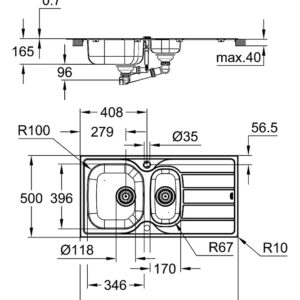 Grohe nerūdijančio plieno plautuvė K200, 96,5 x 50 cm, su nuvarvinimo dubeniu