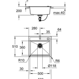 Grohe akmens masės plautuvė K700, 560x510 mm, granito juoda spalva