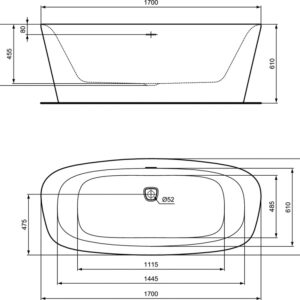Laisvai statoma akrilinė vonia Ideal Standard Dea Duo 170x75cm, su click-clack vožtuvu, vidus baltas/išorė matinė juoda