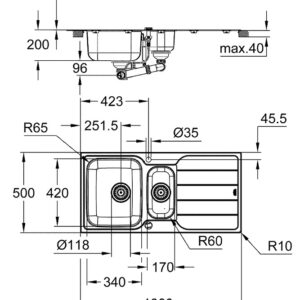 Grohe nerūdijančio plieno plautuvė K500, dubuo 34 x 42 cm, su nuvarvinimo indu
