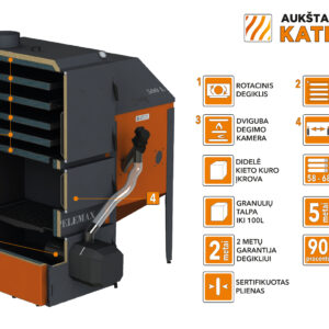 Granulinis katilas Pelemax 70 kW, komplekte su rotaciniu 50 kW degikliu, 700 l bunkeriu